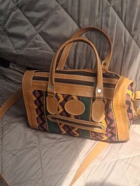 Catalina Tan Multicolor Woven Bag With Leather Trim